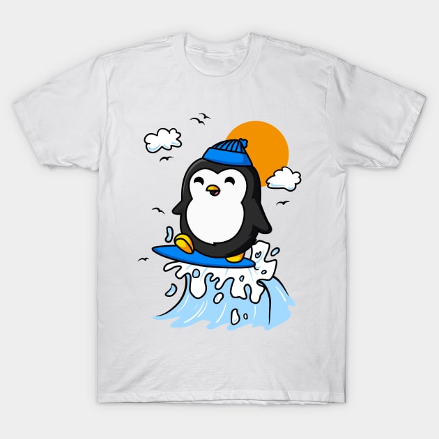 Penguin Surfing Funny T-Shirt by Candy Store